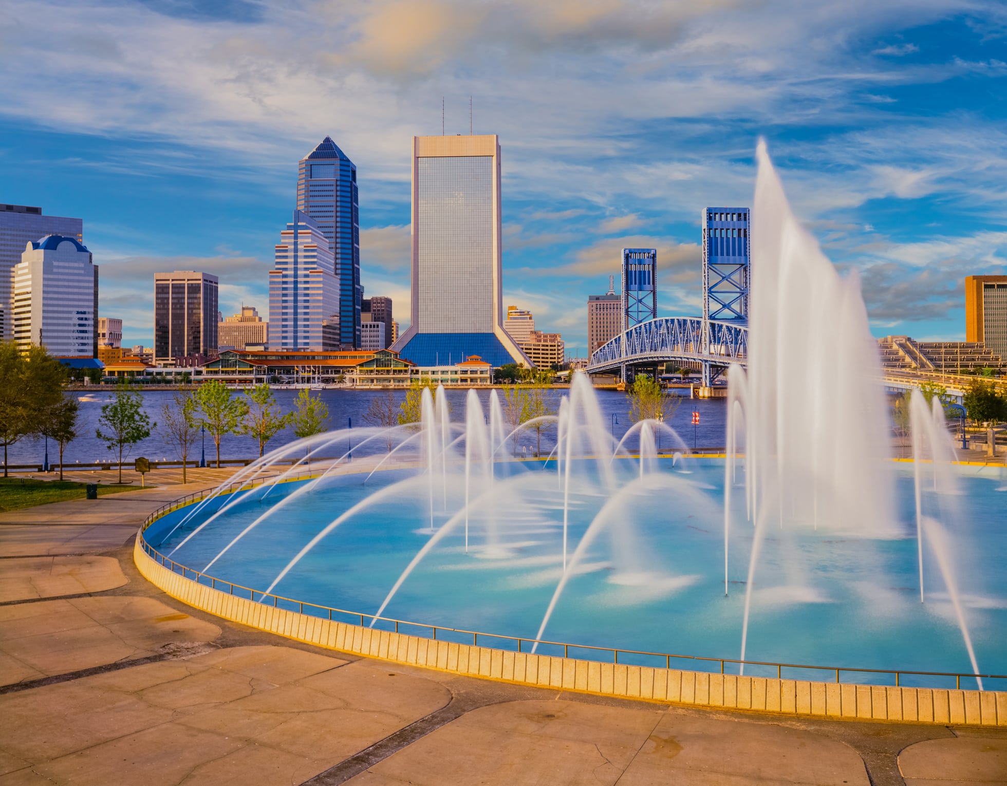 Water flows in the Friendship Fountain at Jacksonville Florida skyline Jacksonville Florida